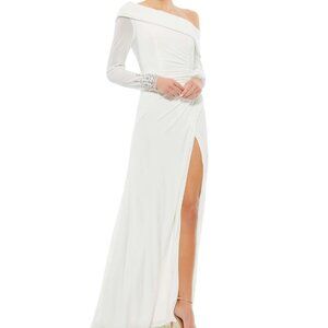 NWT MAC DUGGAL One Shoulder Long Sleeve Jersey Gown Jewel Accent White ‎ 12231